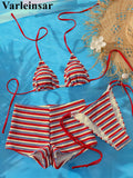 S - XL With Shorts Striped Halter Bikini Women Swimwear Female Swimsuit Three-pieces Bikini set Bather Bathing Suit Swim V8130