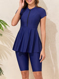 Short Sleeves Two Pieces Swimsuit Women 2026 Zipper Swimwear Female Solid Beach Dress Bathers Bathing Swimming Swim Suit