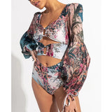 One Piece Swimsuit Sexy Long Sleeve Tropical Print Swimwear Women Bandage Monokini Hollow Out Bathing Suit String Beachwear 2023
