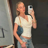 FDYOUI Fashion Casual Swinging Collar T-shirts Y2K Woman Clothes Short Sleeve Buttons Corset T Shirt Ladies Solid Crop Tops Tees