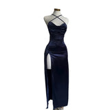 Sexy Hot Girls Slim Spaghetti Strap Long Dresses Women Solid Color Backless Package Hip Bodycon Slit Dress Party Club Vestidos