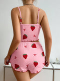 Summer Sleepwear Women's Camisole Strawberry Printing Casual Vest Tops and Shorts  2 Pieces Pajamas Set Loungewear