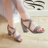 Big Size Casual Women Sandals Black Flock 7cm High Square Heels Peep Toe Summer Cross Buckle Strap Party Office Red Lady Sandals
