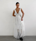 Sexy Deep V-neck Sleeveless Lace Dress Streetwear Women 2026 Backless Tunics A-line Party Dresses Long Maxi Robe Black White
