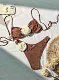 Sexy 3D Flower Patchwork Swimwear Thong Bikini 2024 Women Lace-up Swimsuit Halter Drawstring Swimming Bathing Suit Biquini Mujer
