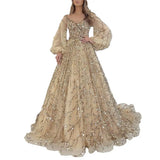 Women Evening Dress Lantern Sleeve V Neck Shiny Sequin A-line Double-layered Floor Length Mesh Cocktail Party Dress Prom Gown