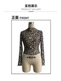 European American Women Mesh Leopard Print Tops Stand Collar Long Sleeve Short T Shirt Elegant Versatile Inner Blouse Daily Casu