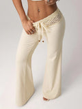 2026 New Women Elegant Solid Color Lace Trim High Waist Wide Leg Pants Casual Loose Palazzo Trousers