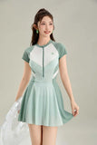 New Sports One-piece Fashionable Swimsuit for Women, Color Blocked High Waist, Belly Covering, Slimming Skirt, Vacation Swimsuit