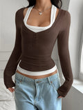 Women's Y2K Fake Two Piece Long Sleeve Cami Top, Fashion Slim Fit Sexy Streetwear T-Shirt