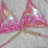 Diamond Rhinestones PU Faux Leather Bikini Female Swimsuit Women Swimwear Two-pieces Bikini Set Bather Bathing Suit Swim V5131