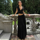 FDYOUI Sexy V-neck Lace Patchwork T-shirt Tops+Long Skirt 2 Piece Set Women's Summer Green Holiday Party Dress Suit Streetwear