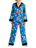 Women's Christmas Pajamas Set Long Sleeve V Neck Stocking Tree Print Tops and Pants Lounge Wear Two Pieces Suits
