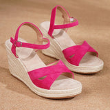 Yellow Soft Espadrille Wedge Heel Sandals Women Adjustable Ankle Strap Pink Jute Platform Summer Shoes Big Size 43