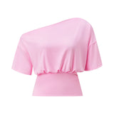 Women's Cinched Waist Blouse Tops Fashion Stylish Off Shoulder Short Sleeve Solid Color Shirts Summer Elegant Shirts Streetwear