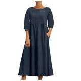 Womens Casual Summer Cotton Dress With Pockets 3/4 Sleeve Loose Midi Shirt Dress Women Dresses With Short Sleeves Vestidos