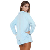 Women Fall 2 Piece Pajamas Set Solid Color Button up Long Sleeves Shirt and Elastic Shorts for Loungewear Soft Sleepwear