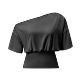 Women's Cinched Waist Blouse Tops Fashion Stylish Off Shoulder Short Sleeve Solid Color Shirts Summer Elegant Shirts Streetwear