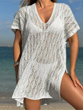 Sexy Short Sleeve Hollow Out Crochet Knitted Tunic Beach Cover Up Cover-ups Beach Dress Beach Wear Beachwear Female Women K6686
