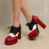 Bright Patent Leather Patchwork White PU Lace Up High Heels with Breathable Lining, Wavy and Serrated Patterns, Sweet Pumps