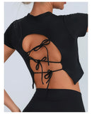 Yoga Short Sleeved T-shirt Women Hollow Back Bandage Tie Cross Sports Tank Top with Chest Gym Running Active Wear Fitness Shirts