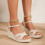 Yellow Soft Espadrille Wedge Heel Sandals Women Adjustable Ankle Strap Pink Jute Platform Summer Shoes Big Size 43