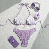 Wrinkled Halter Bikini Women Swimwear Female Swimsuit Two-Pieces Bikini Set Brazilian High Cut Bather Bathing Suit Swim V6209