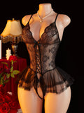 New Crotchless Sexy Lingerie Women Lace Bodysuit Erotic Costumes Teddy Baby Dolls Dress Deep V Open Crotch Porn Underwear Set