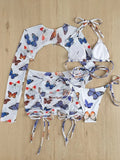 Long Sleeve Printed Halter Bikini Female Swimsuit Women Swimwear Four-pieces Bikini Set with Mesh Skirt Bathing Suit Beach Wear