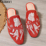 NASBAVI Fashion 3d Embroidery Mules Women Fur Slippers Velvet Shoes Ladies Low Heel Flower Decoration Sandals Women's Flip Flops