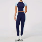 Nake Yoga Set Women's Tracksuit Color Contrast Short Sleeve Slim Sports T Shirts High Waist Leggings Fitness Clothes Gym Outfits