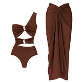 2Pcs Deep V Swimsuit With Long Skirt Women Sexy Swimwear Female Bikini Cut Out Biquini Swim Suit Shiny Button Bodysuit Beachwear