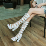 2026 New Women Open Toe Cross-tied Knee Boots Summer Platform Sandal High Heel Pumps Lace Up Female Motorcycle Booties White 43