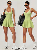 Naked Breathable Tennis Dresses with Built-in Pocket Shorts Women Color Contrast Hollow Out Backless Sports Golf Pleate Dress