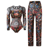 S - XXL New Printed Long Sleeve With Pants Women Swimwear One Piece Swimsuit Female Floral Padded Bather Bathing Suit Swim V7176