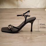 Fashion Crystal Buckle Stiletto Heel Sandals Women Ankle Strap Square Toe Party Shoes Woman Plus Size 42 High Heeled Sandals