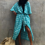 7 Colors Leaves Printed With Belt Half Sleeve Tunic Beach Cover Up Cover-ups Beach Dress Beach Wear Beachwear Female Women V4511