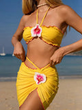 3D Flowers with Mesh Skirt Halter Bandeau Bikini Women Swimsuit Female Swimwear Three-pieces Bikini Set Bathing Suit Beachwear