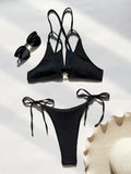 sexy black ribbed cross bikinis sets two pieces pearl tie thong swimsuit bathing suit swimwear biquini bakini tankini