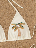 Sexy Beige 3D Pearls Coconut Tree Bikini Set 2025 Women Halter Push Up Pleate Thong Swimsuit Beach Bathing Suit Micro Swimwear