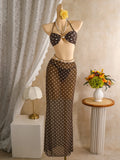 Polka Dots with Mesh Skirt Halter Shell Bikini Women Swimwear Female Swimsuit Three-pieces Bikini Set Bather Bathing Suit Swim