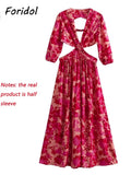 Waist Cut Out Backless Sexy Summer Maxi Dress Elegant Deep V Neck Holiday Long Dress Red Black Boho Floral Dress Women 2025