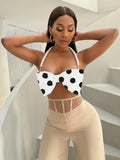 Women's Pure Desire Sexy Hot Girl Polka Dot Halter Pearl Bowknot Strap Vest Hanging Neck Pure Desire Casaul Style Vest IFQ9