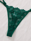 A set Net fabric see-through deep V nightgown thong set - emerald green floral lace strapless fitted sexy nightgown set ZA825096