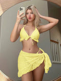 DEKA Women Triangle Ruffles Bikini Set Bathing Suit Spliced Halter Bikini Push Up Bandage Cover Up Beachwear 3 Piece Swimsuit