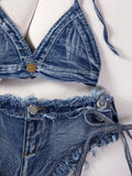 DEKA Brazilian Denim Bathing Suit Women Suits Bikini Set Lace Up Drawstring Beachwear Solid Summer Vintage Two-pieces Swimwear