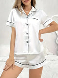 Womens Satin Silk Pajamas Set Short Sleeve Turn-down Collar Button Top & Shorts Sleepwear Loungewear Summer Nightwear