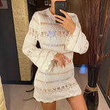 S - XL Long Sleeve Hollow Out Crochet Knitted Tunic Beach Cover Up Cover-ups Beach Dress Beach Wear Beachwear Female Women K5542