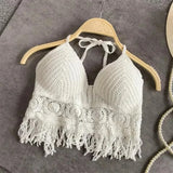 Boho Crochet Halter Top for Women Summer Beach Knit Crop Top with Tassels Backless Sleeveless Bralette