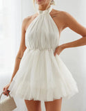 Solid Color Mesh Halter Neck Dresses Women Sexy Backless Leace-up Sleeveless Mini Dress Trendy Elegant Lady Vestidos Summer New